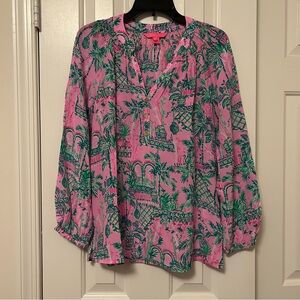 Lilly Pulitzer Elsa 100% Silk Top Blouse Mandevilla Pink Always Worth It Small